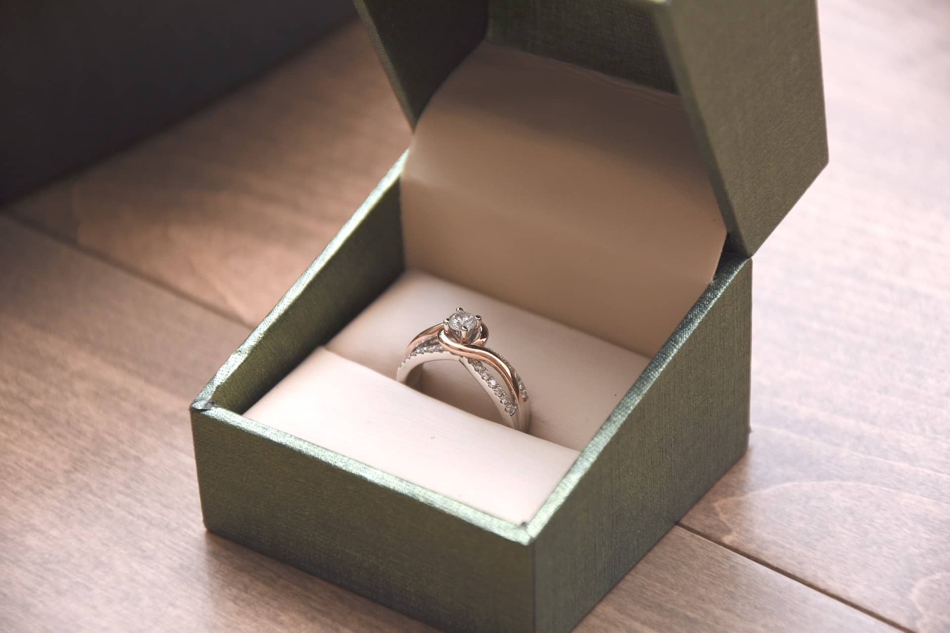 Silver diamond ring in box